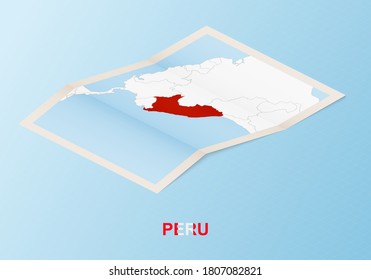 Folded paper map of Peru with neighboring countries in isometric style on blue vector background.