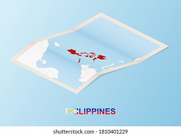 Folded paper map of Philippines with neighboring countries in isometric style on blue vector background.
