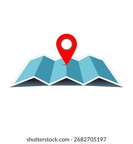 Mapa de papel dobrado com ícone vermelho do pino de localização para navegação e conceitos de viagem
