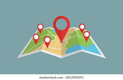Folded paper map with red location marker pins navigation location tracking