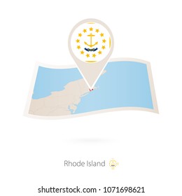 Folded paper map of Rhode Island U.S. State with flag pin of Rhode Island Vector Illustration