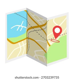 Folded paper map with roads, water, and park areas, featuring a red location pin icon, shown in flat design on a white background. Concept of navigation. Vector illustration