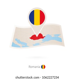 Folded paper map of Romania with flag pin of Romania. Vector Illustration