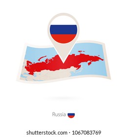 Folded paper map of Russia with flag pin of Russia. Vector Illustration