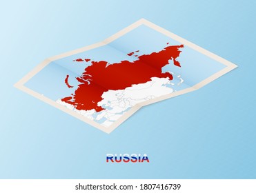 Folded paper map of Russia with neighboring countries in isometric style on blue vector background.