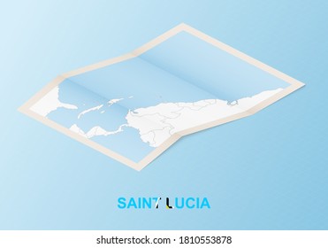 Mapa de papel doblado de Santa Lucía con países vecinos de estilo isométrico sobre fondo vectorial azul.