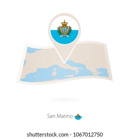 Folded paper map of San Marino with flag pin of San Marino. Vector Illustration