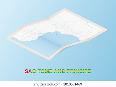 Folded paper map of Sao Tome and Principe with neighboring countries in isometric style on blue vector background.