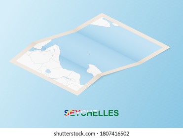 Folded paper map of Seychelles with neighboring countries in isometric style on blue vector background.