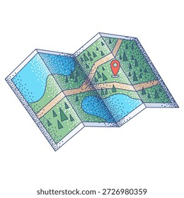 Un mapa de papel doblado que muestra un paisaje natural con bosques, terrenos, lagos y carreteras, incluye un marcador de pin de ubicación rojo. Perfecto para camping, senderismo y temas de aventura de viajes.