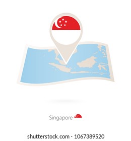 Folded paper map of Singapore with flag pin of Singapore. Vector Illustration