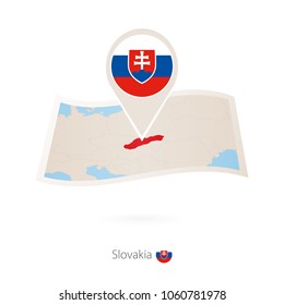 Folded paper map of Slovakia with flag pin of Slovakia. Vector Illustration