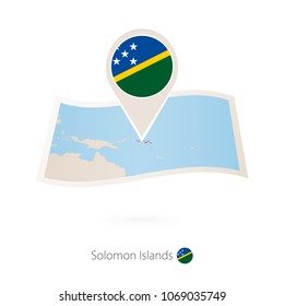Folded paper map of Solomon Islands with flag pin of Solomon Islands. Vector Illustration