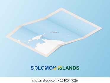 Folded paper map of Solomon Islands with neighboring countries in isometric style on blue vector background.