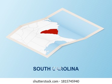 Folded paper map of South Carolina with neighboring countries in isometric style on blue vector background.