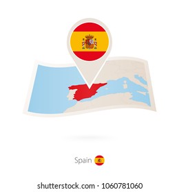 Folded paper map of Spain with flag pin of Spain. Vector Illustration