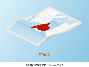 Folded paper map of Spain with neighboring countries in isometric style on blue vector background.