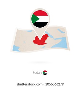 Folded paper map of Sudan with flag pin of Sudan. Vector Illustration