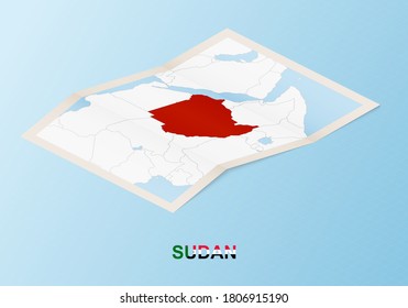 Folded paper map of Sudan with neighboring countries in isometric style on blue vector background.