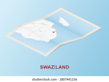 Folded paper map of Swaziland with neighboring countries in isometric style on blue vector background.