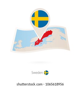 Folded paper map of Sweden with flag pin of Sweden. Vector Illustration