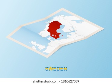 Folded paper map of Sweden with neighboring countries in isometric style on blue vector background.