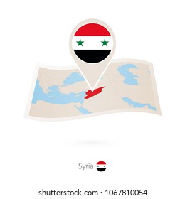 Folded paper map of Syria with flag pin of Syria. Vector Illustration