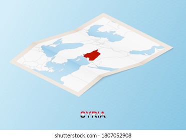 Folded paper map of Syria with neighboring countries in isometric style on blue vector background.