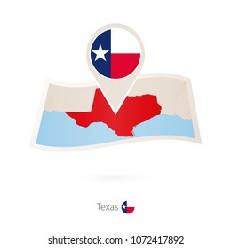 Folded Paper Map Of Texas  U.S. State With Flag Pin Of Texas. Vector Illustration