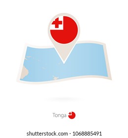 Folded paper map of Tonga with flag pin of Tonga. Vector Illustration
