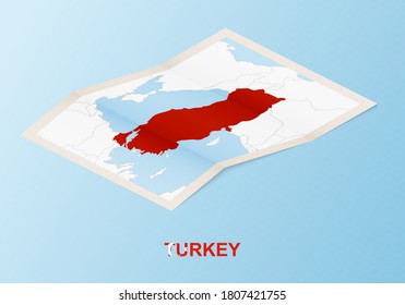 Folded paper map of Turkey with neighboring countries in isometric style on blue vector background.