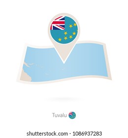 Folded paper map of Tuvalu with flag pin of Tuvalu. Vector Illustration