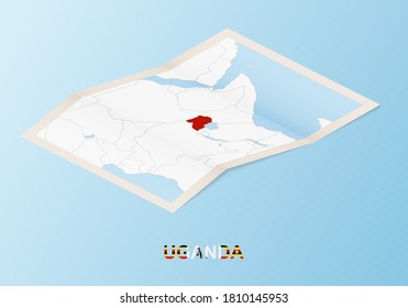 Folded paper map of Uganda with neighboring countries in isometric style on blue vector background.