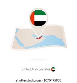 Folded paper map of United Arab Emirates with flag pin of UAE. Vector Illustration