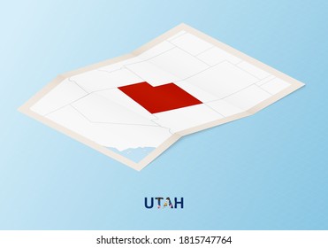 Folded paper map of Utah with neighboring countries in isometric style on blue vector background.