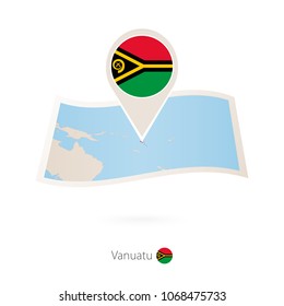 Folded paper map of Vanuatu with flag pin of Vanuatu. Vector Illustration