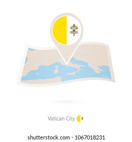 Folded paper map of Vatican City with flag pin of Vatican City. Vector Illustration