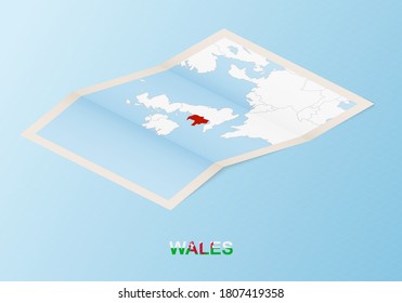 Folded paper map of Wales with neighboring countries in isometric style on blue vector background.