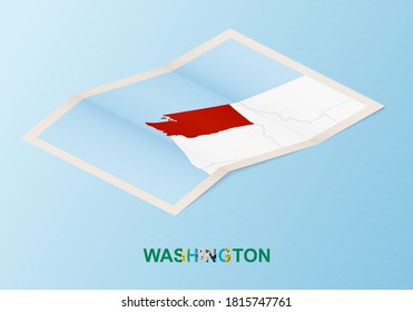 Folded paper map of Washington with neighboring countries in isometric style on blue vector background.