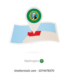 Folded Paper Map Of Washington U.S. State With Flag Pin Of Washington. Vector Illustration