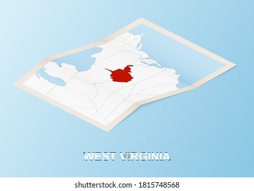 Gefalte Papierkarte von West Virginia mit Nachbarländern im isometrischen Stil auf blauem Vektorhintergrund.