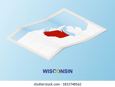 Folded paper map of Wisconsin with neighboring countries in isometric style on blue vector background.