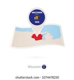 Folded paper map of Wisconsin U.S. State with flag pin of Wisconsin. Vector Illustration