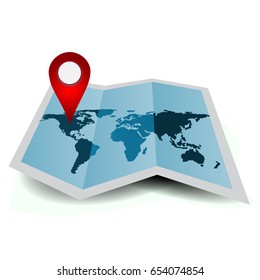 Folded Paper Map of the World in Blue Color with Red Navigation Marker. Vector Illustration