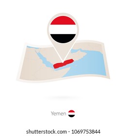 Folded paper map of Yemen with flag pin of Yemen. Vector Illustration