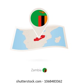 Folded paper map of Zambia with flag pin of Zambia. Vector Illustration