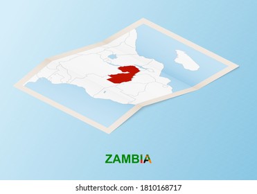 Folded paper map of Zambia with neighboring countries in isometric style on blue vector background.