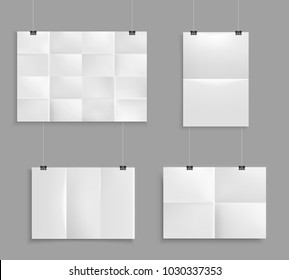 Folded Paper Mockup Realistic Set With Images Of Unfolded Map Paper Of Different Size On Grey Wall Vector Illustration