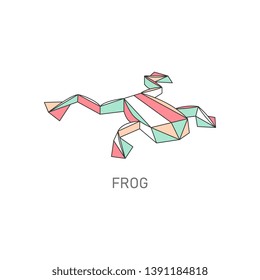 Folded paper or origami frog or toad flat with outline stroke polygonal design vector illustration isolated on white background. Hobby or craft concept creative icon.