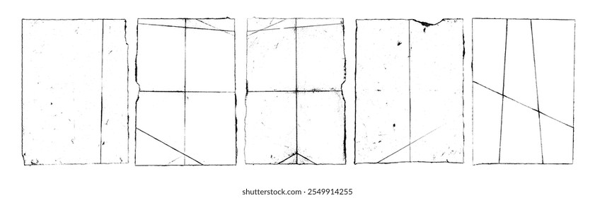 Colección de Plantillas de superposición de papel doblado. Textura de superposición dibujada a mano con efecto de polvo granulado grunge antiguo, fondos de póster vintage. Antiguo juego de papel para el telón de fondo. Vector de páginas dobladas con bloc de notas en blanco.